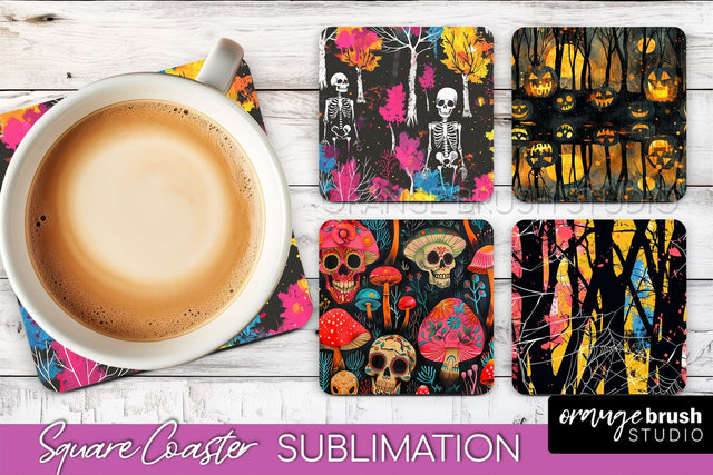 Neon Halloween Coasters - Spooky Square Coaster Sublimation Sublimation OrangeBrushStudio 