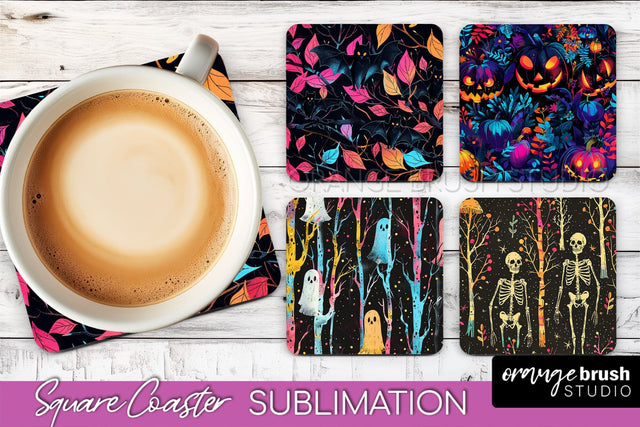 Neon Halloween Coasters - Spooky Square Coaster Sublimation Sublimation OrangeBrushStudio 