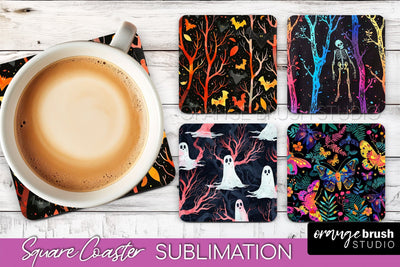 Neon Halloween Coasters - Spooky Square Coaster Sublimation Sublimation OrangeBrushStudio 