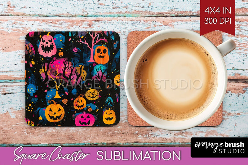 Neon Halloween Coasters - Spooky Square Coaster Sublimation Sublimation OrangeBrushStudio 