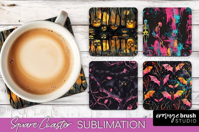 Neon Halloween Coasters - Spooky Square Coaster Sublimation Sublimation OrangeBrushStudio 