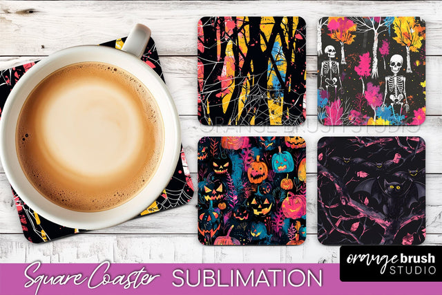 Neon Halloween Coasters - Spooky Square Coaster Sublimation Sublimation OrangeBrushStudio 