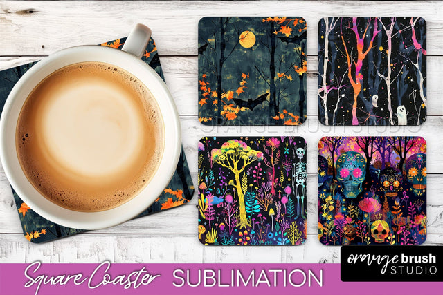 Neon Halloween Coasters - Spooky Square Coaster Sublimation Sublimation OrangeBrushStudio 