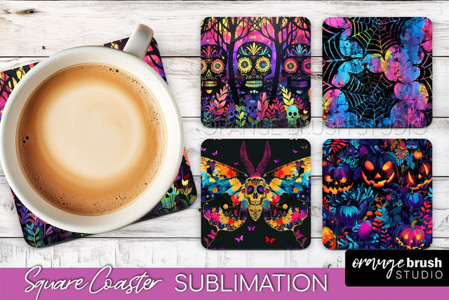 Neon Halloween Coasters - Spooky Square Coaster Sublimation Sublimation OrangeBrushStudio 