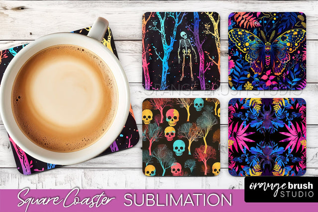 Neon Halloween Coasters - Spooky Square Coaster Sublimation Sublimation OrangeBrushStudio 