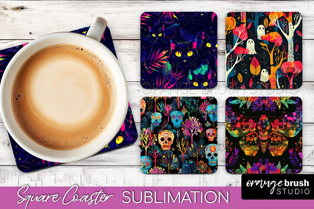 Neon Halloween Coasters - Spooky Square Coaster Sublimation Sublimation OrangeBrushStudio 