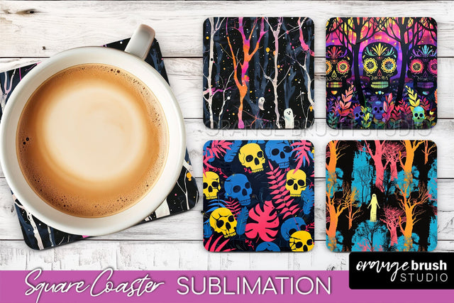 Neon Halloween Coasters - Spooky Square Coaster Sublimation Sublimation OrangeBrushStudio 