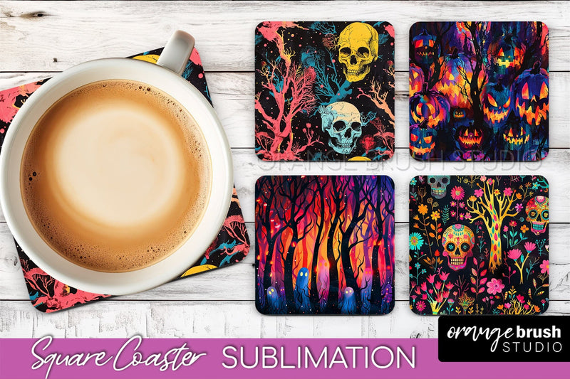 Neon Halloween Coasters - Spooky Square Coaster Sublimation Sublimation OrangeBrushStudio 