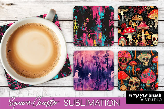 Neon Halloween Coasters - Spooky Square Coaster Sublimation Sublimation OrangeBrushStudio 