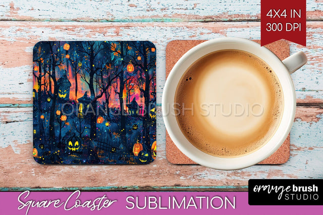 Neon Halloween Coasters - Spooky Square Coaster Sublimation Sublimation OrangeBrushStudio 
