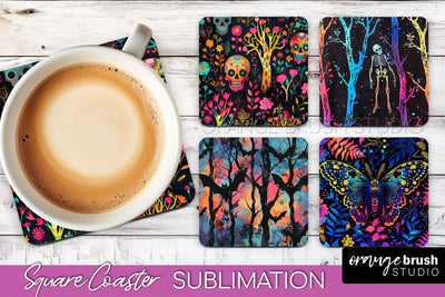 Neon Halloween Coasters - Spooky Square Coaster Sublimation Sublimation OrangeBrushStudio 