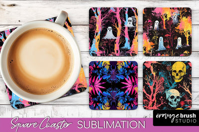 Neon Halloween Coasters - Spooky Square Coaster Sublimation Sublimation OrangeBrushStudio 