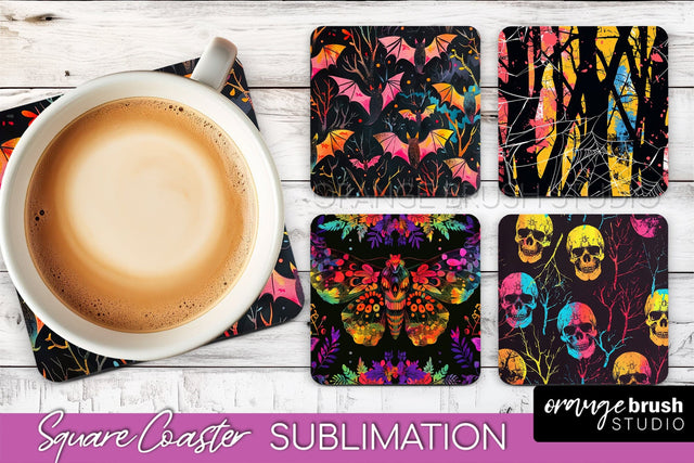 Neon Halloween Coasters - Spooky Square Coaster Sublimation Sublimation OrangeBrushStudio 