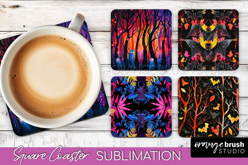 Neon Halloween Coasters - Spooky Square Coaster Sublimation Sublimation OrangeBrushStudio 