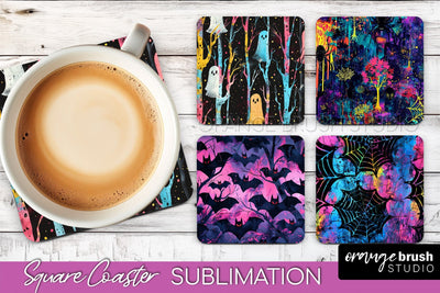 Neon Halloween Coasters - Spooky Square Coaster Sublimation Sublimation OrangeBrushStudio 