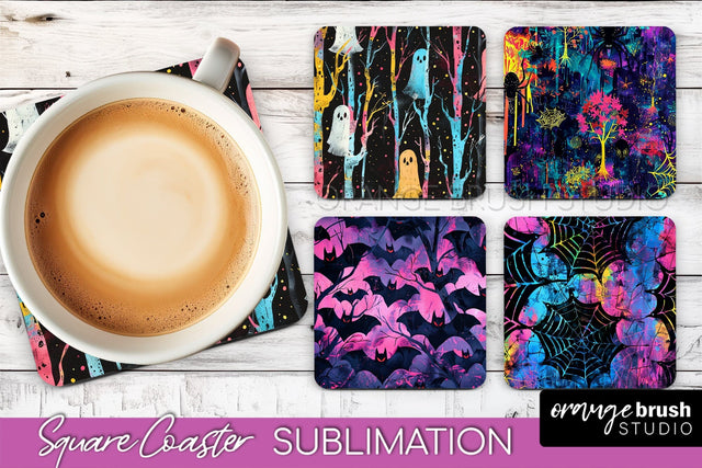 Neon Halloween Coasters - Spooky Square Coaster Sublimation Sublimation OrangeBrushStudio 