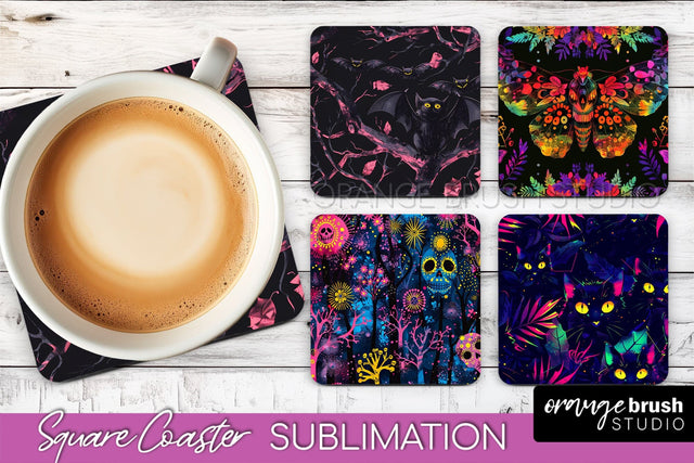Neon Halloween Coasters - Spooky Square Coaster Sublimation Sublimation OrangeBrushStudio 