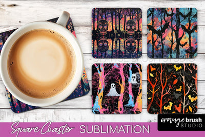 Neon Halloween Coasters - Spooky Square Coaster Sublimation Sublimation OrangeBrushStudio 