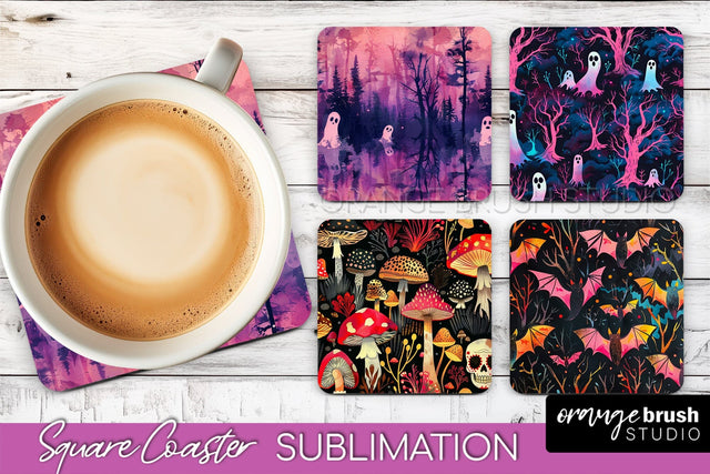 Neon Halloween Coasters - Spooky Square Coaster Sublimation Sublimation OrangeBrushStudio 