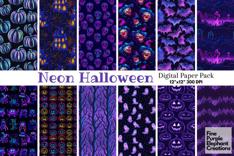 Neon Halloween Digital Paper | Florescent Psychedelic Blacklight Sublimation Digital Pattern Fine Purple Elephant Creations 