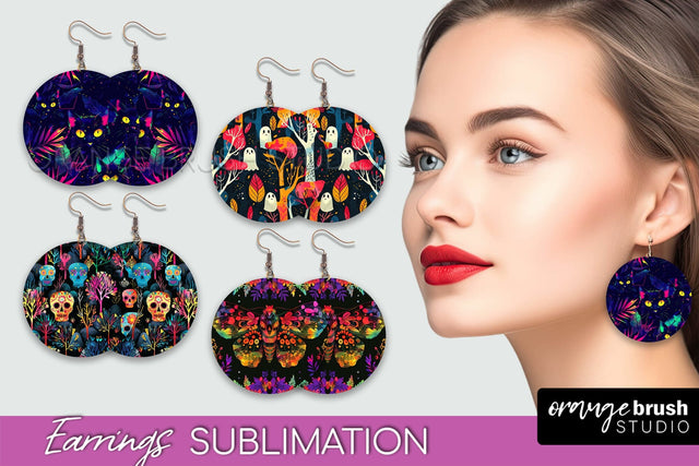 Neon Halloween Earrings - Spooky Round Earring Sublimation Sublimation OrangeBrushStudio 