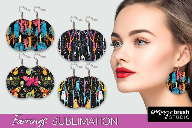 Neon Halloween Earrings - Spooky Round Earring Sublimation Sublimation OrangeBrushStudio 