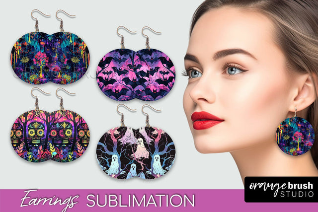 Neon Halloween Earrings - Spooky Round Earring Sublimation Sublimation OrangeBrushStudio 