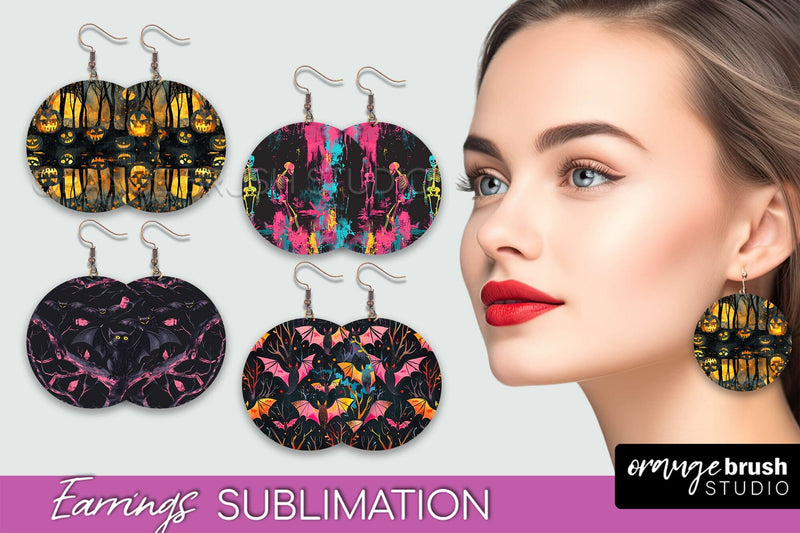 Neon Halloween Earrings - Spooky Round Earring Sublimation Sublimation OrangeBrushStudio 