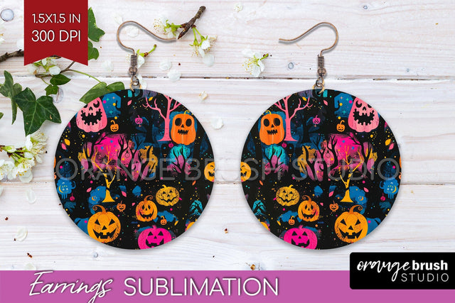 Neon Halloween Earrings - Spooky Round Earring Sublimation Sublimation OrangeBrushStudio 