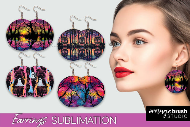 Neon Halloween Earrings - Spooky Round Earring Sublimation Sublimation OrangeBrushStudio 