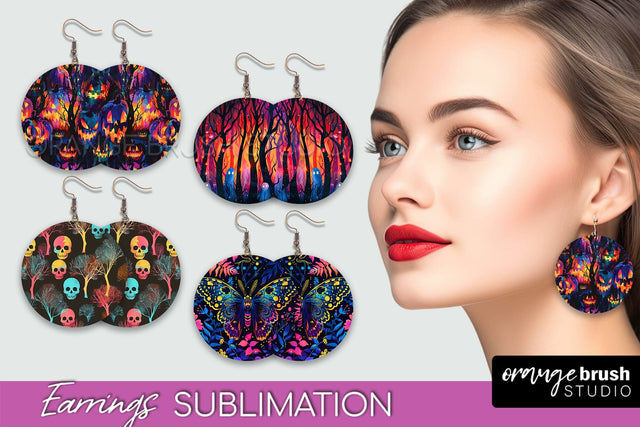 Neon Halloween Earrings - Spooky Round Earring Sublimation Sublimation OrangeBrushStudio 