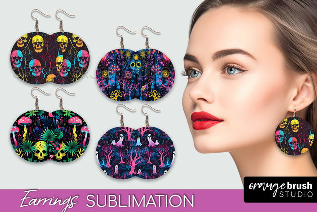 Neon Halloween Earrings - Spooky Round Earring Sublimation Sublimation OrangeBrushStudio 