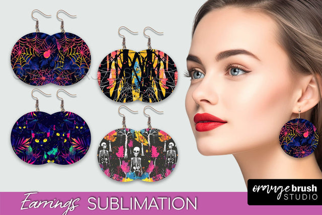 Neon Halloween Earrings - Spooky Round Earring Sublimation Sublimation OrangeBrushStudio 