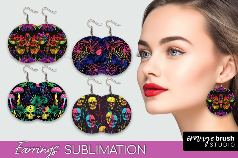 Neon Halloween Earrings - Spooky Round Earring Sublimation Sublimation OrangeBrushStudio 