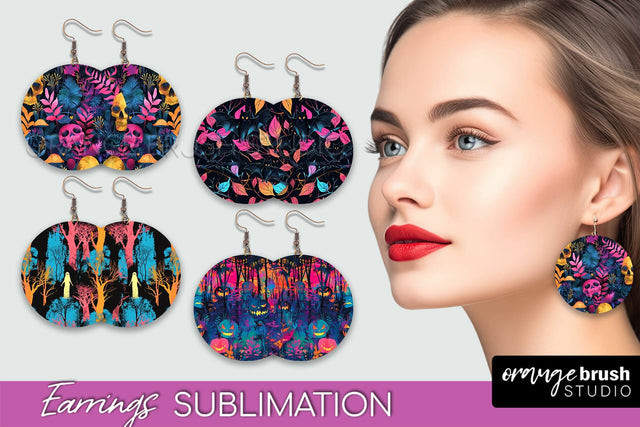 Neon Halloween Earrings - Spooky Round Earring Sublimation Sublimation OrangeBrushStudio 