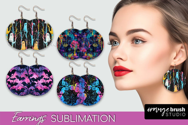 Neon Halloween Earrings - Spooky Round Earring Sublimation Sublimation OrangeBrushStudio 
