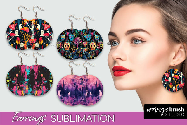 Neon Halloween Earrings - Spooky Round Earring Sublimation Sublimation OrangeBrushStudio 