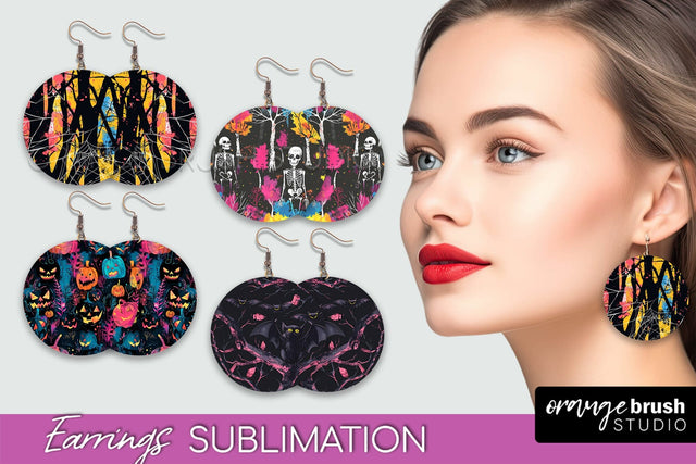 Neon Halloween Earrings - Spooky Round Earring Sublimation Sublimation OrangeBrushStudio 