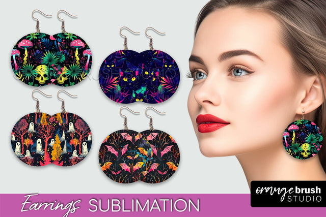 Neon Halloween Earrings - Spooky Round Earring Sublimation Sublimation OrangeBrushStudio 