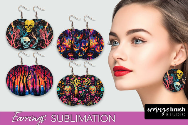 Neon Halloween Earrings - Spooky Round Earring Sublimation Sublimation OrangeBrushStudio 