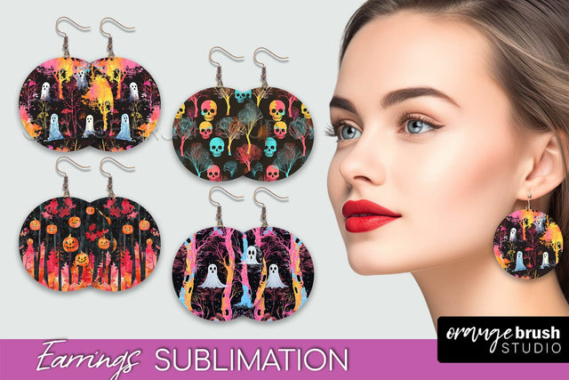 Neon Halloween Earrings - Spooky Round Earring Sublimation Sublimation OrangeBrushStudio 