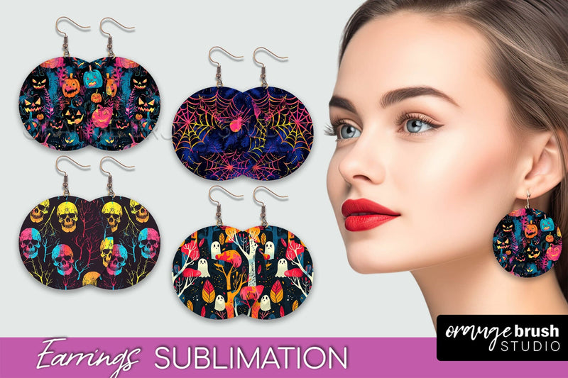 Neon Halloween Earrings - Spooky Round Earring Sublimation Sublimation OrangeBrushStudio 