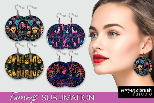 Neon Halloween Earrings - Spooky Round Earring Sublimation Sublimation OrangeBrushStudio 
