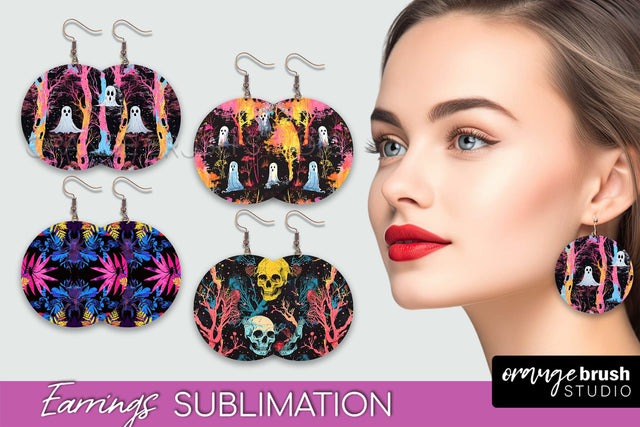 Neon Halloween Earrings - Spooky Round Earring Sublimation Sublimation OrangeBrushStudio 
