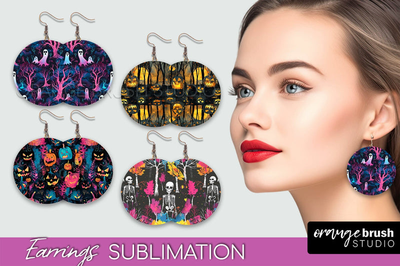 Neon Halloween Earrings - Spooky Round Earring Sublimation Sublimation OrangeBrushStudio 