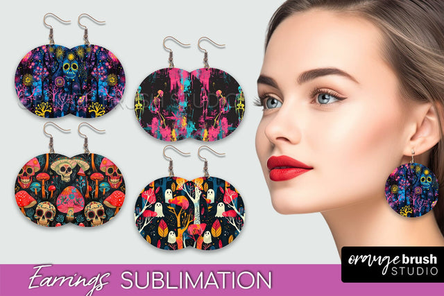 Neon Halloween Earrings - Spooky Round Earring Sublimation Sublimation OrangeBrushStudio 