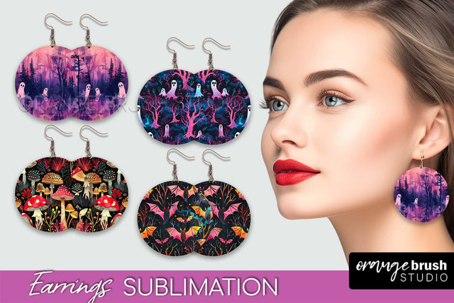 Neon Halloween Earrings - Spooky Round Earring Sublimation Sublimation OrangeBrushStudio 