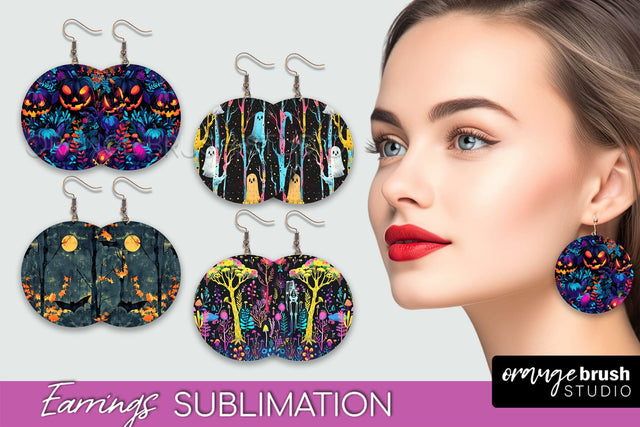 Neon Halloween Earrings - Spooky Round Earring Sublimation Sublimation OrangeBrushStudio 