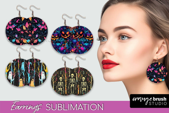 Neon Halloween Earrings - Spooky Round Earring Sublimation Sublimation OrangeBrushStudio 