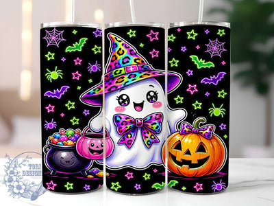 Neon Halloween Ghost 20oz Tumbler, Glowing Spirit, Electric Spooky, Vibrant Haunt, Luminous Night, Kawaii Goth, Bright Horror, Sublimation Wrap Sublimation ToriDesigns 